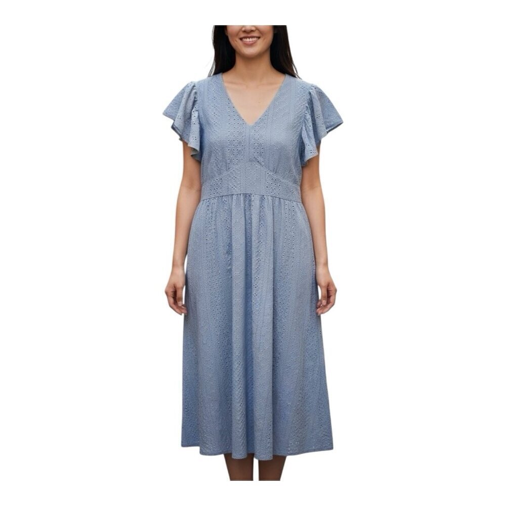 Market & Spruce Enara Knit Eyelet Dress Large Blue Flutter Sleeve NWOT